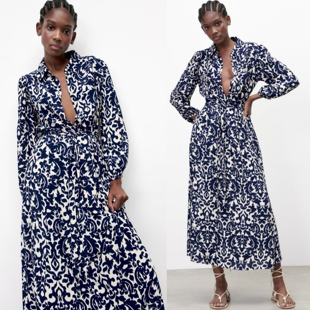 ❤️Zara Navy and Cream Patterned Belted Dress☆